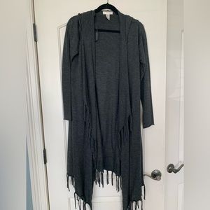 Open front hooded long cardigan sweater with knotted fringe